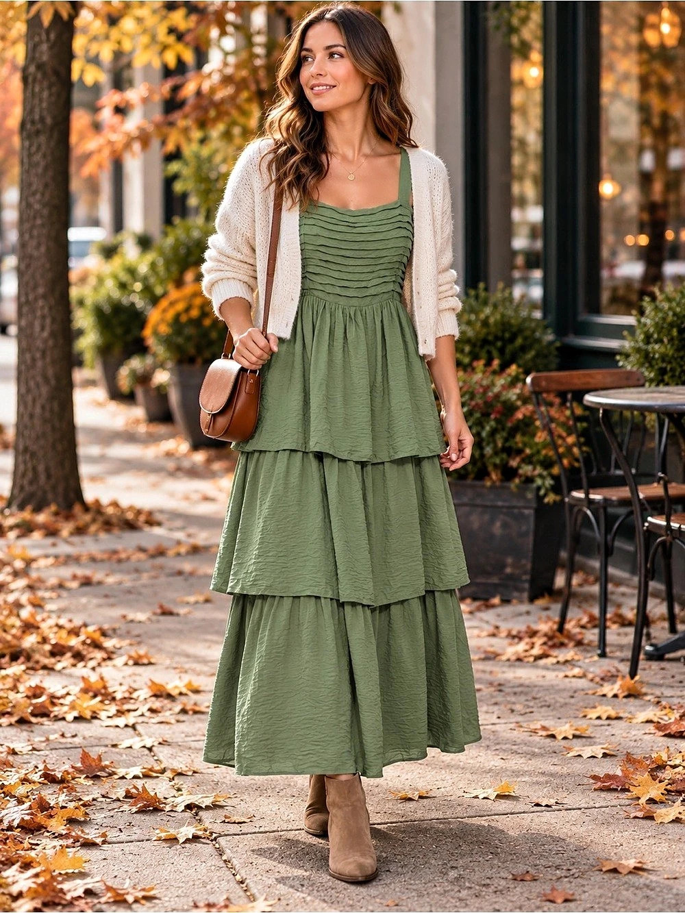 Abercrombie & Fitch Tiered Ruched Maxi Dress in Green Like New